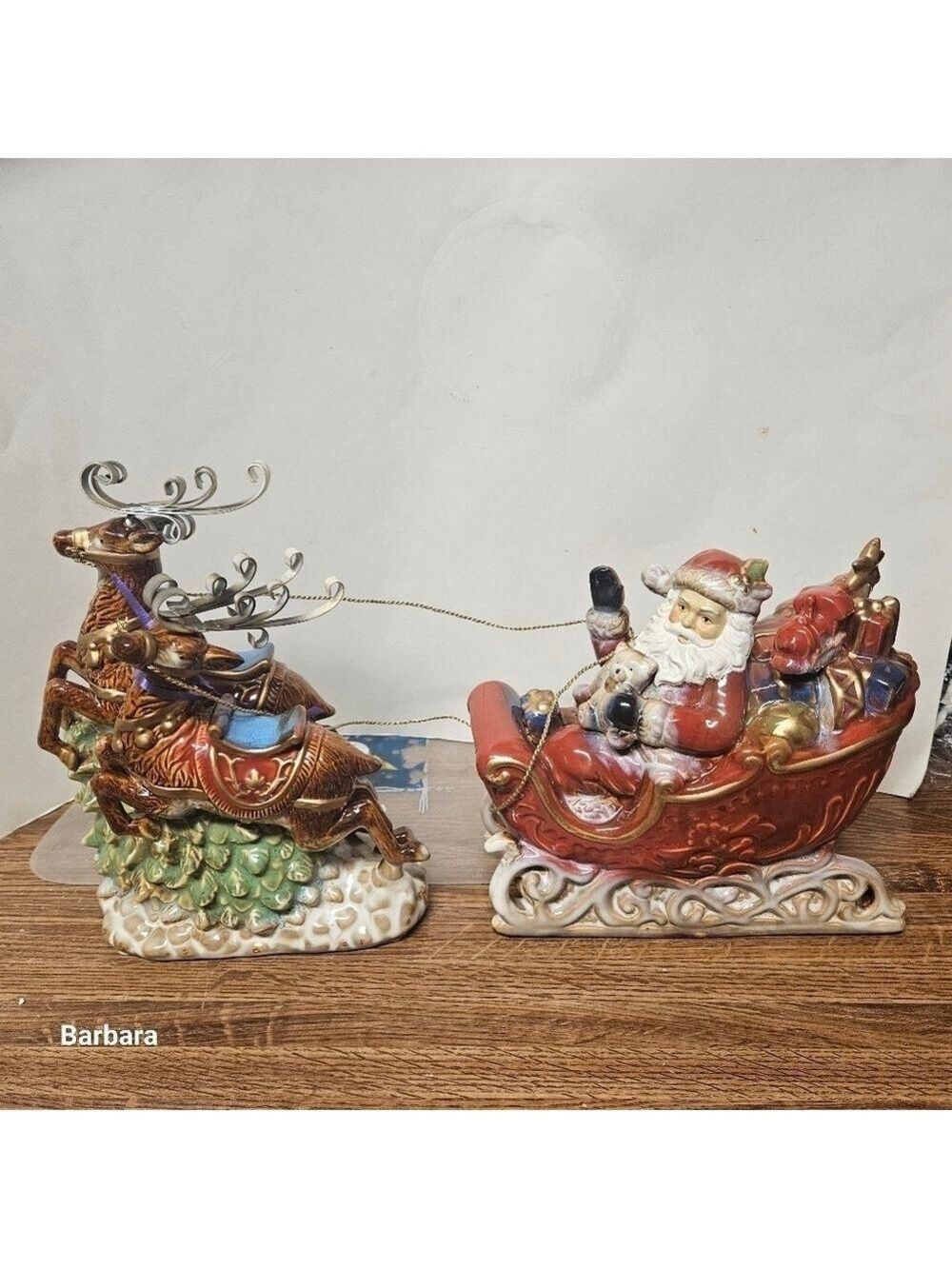 Vintage Costco Porcelain Hand-crafted Santa Sleigh 2-Piece Set